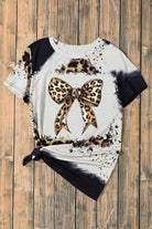 Bow Graphic Leopard Round Neck Short Sleeve T-Shirt - 6i6