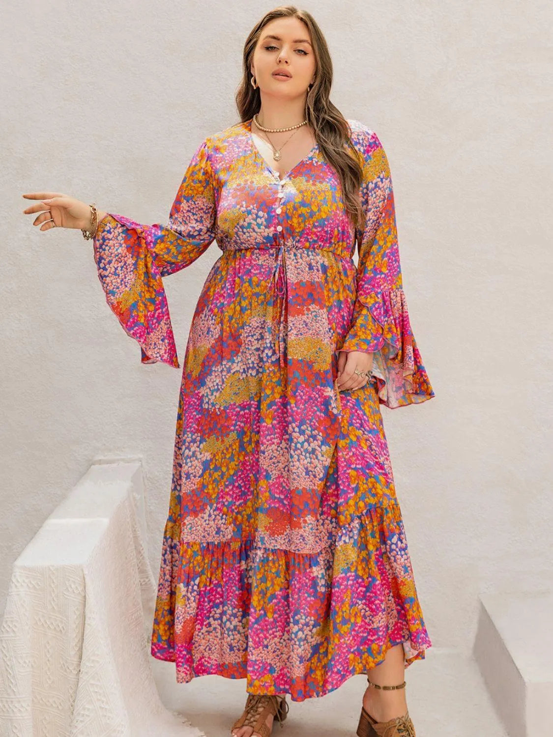 Plus Size Printed V-Neck Long Sleeve Maxi Dress - 6i6