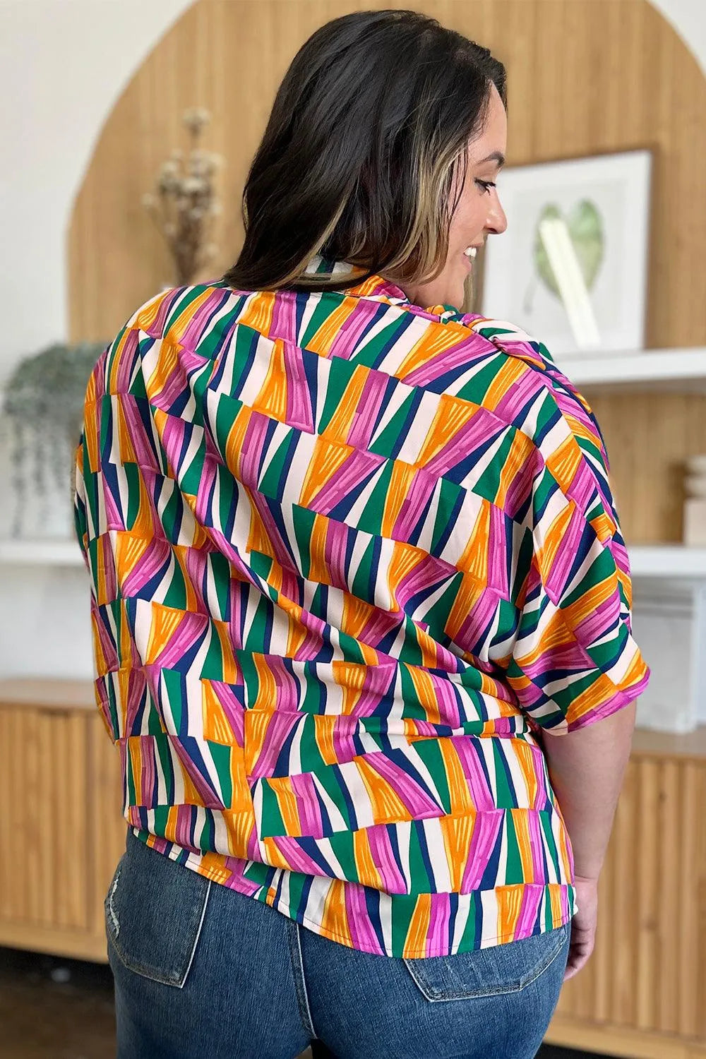 Double Take Full Size Geometric Notched Dolman Sleeve Top - 6i6