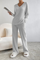 Ribbed V-Neck Top and Pants Lounge Set - 6i6