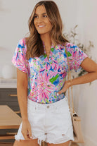 Floral Notched Neck Short Sleeve Top - 6i6