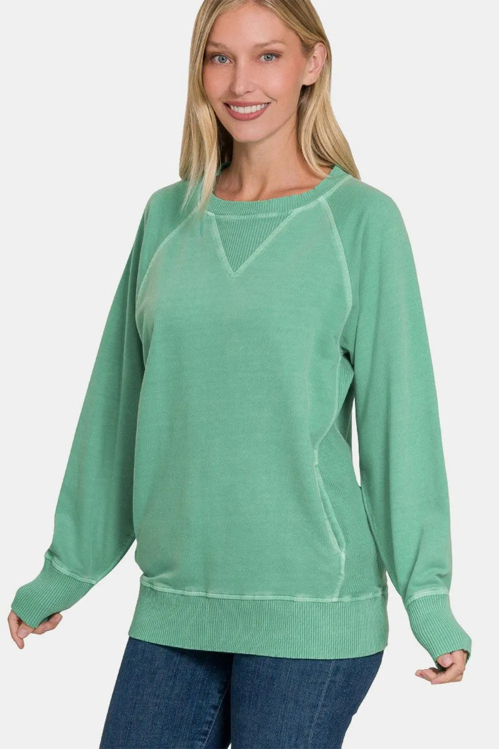 Zenana Pocketed Round Neck Long Sleeve Sweatshirt - 6i6