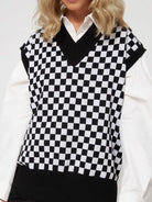 Full Size Checkered V-Neck Cap Sleeve Sweater - 6i6