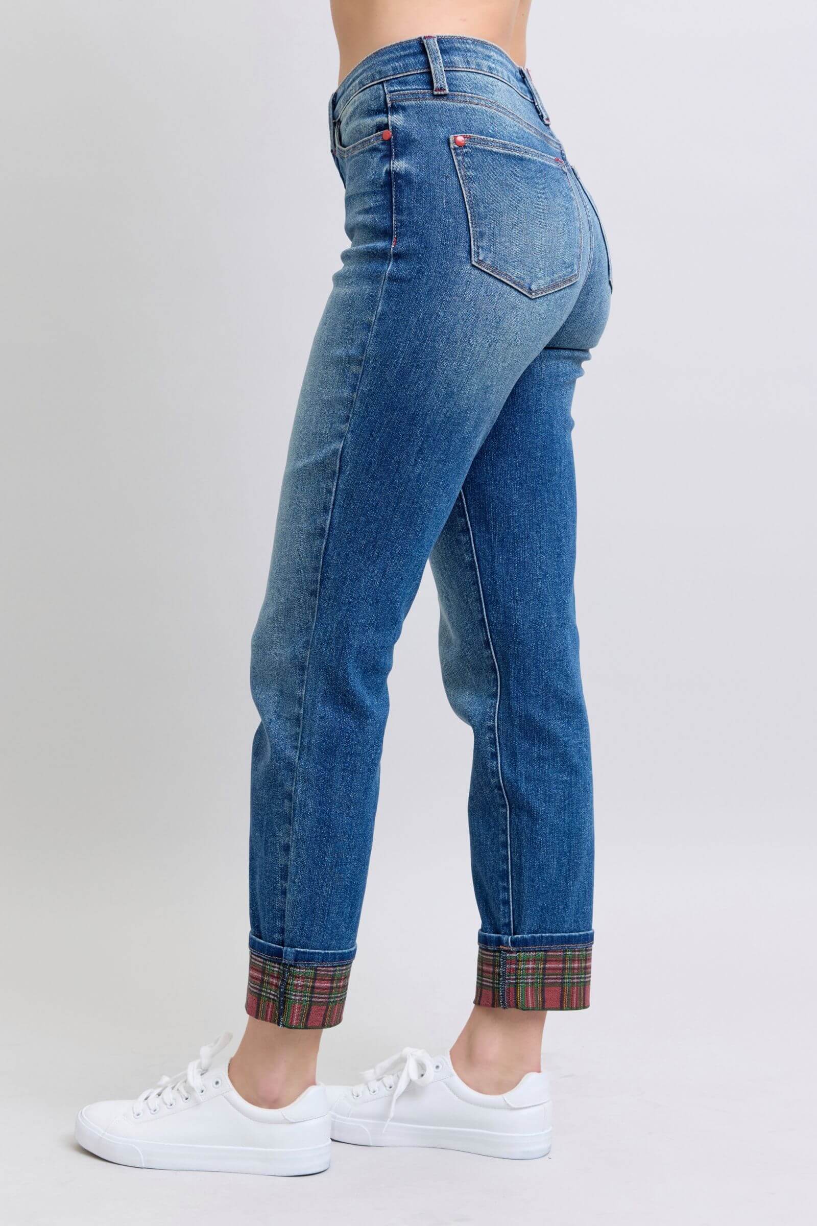 Judy Blue full-size plaid print cuff straight leg jeans with side pockets, featuring a stylish plaid design and comfortable fit, available at 6i6.com