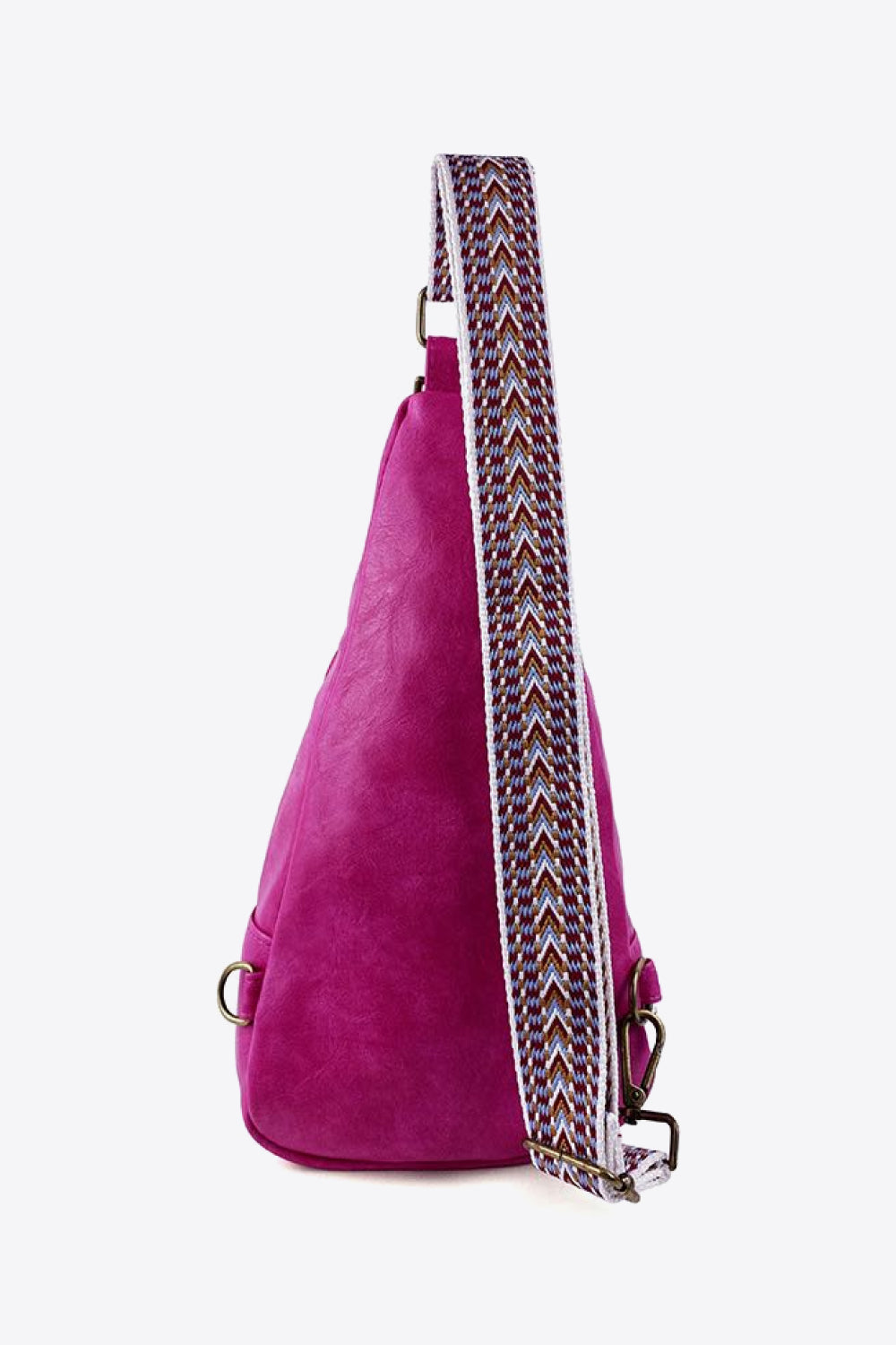 All The Feels PU leather sling bag in vibrant pink with adjustable patterned strap, side view and modern design.