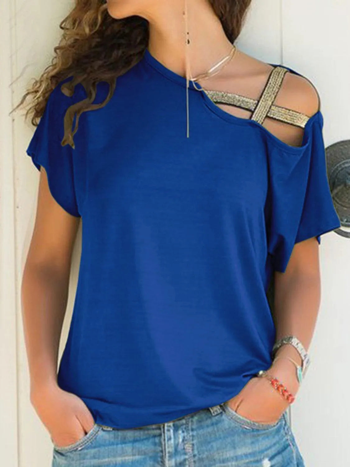 Asymmetrical Neck Short Sleeve T-Shirt - 6i6