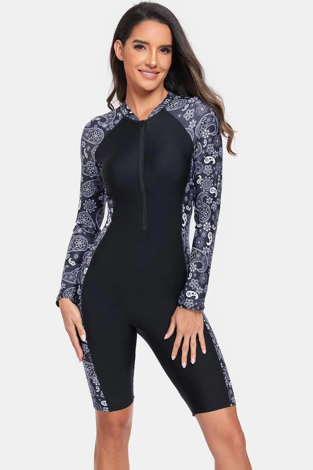 Printed Half Zip Long Sleeve One-Piece Swimwear - 6i6