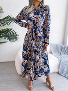 Tied Printed Long Sleeve Midi Dress - 6i6