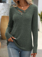 Ribbed V-Neck Long Sleeve T-Shirt - 6i6