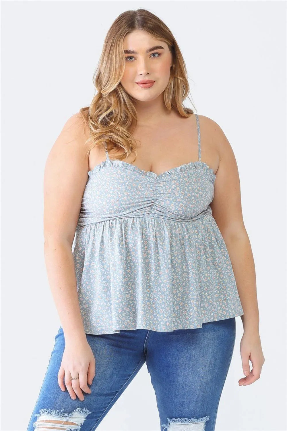 Zenobia Plus Size Frill Smocked Floral Sweetheart Neck Cami - 6i6