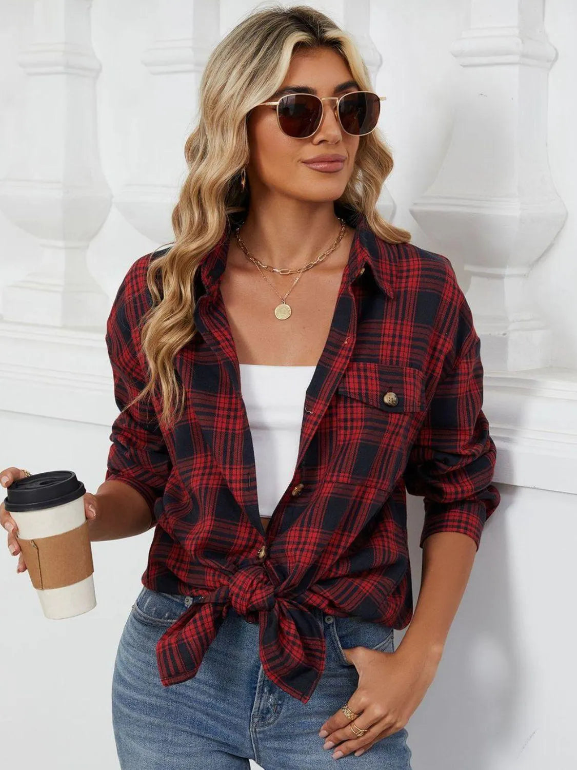 Plaid Collared Neck Long Sleeve Shirt - 6i6