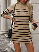 Striped Mock Neck Long Sleeve Mini Dress - 6i6