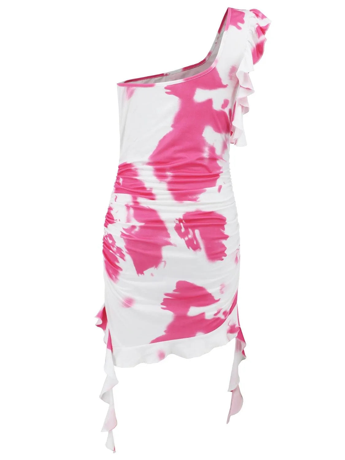 Ruffled Tie-Dye Single Shoulder Mini Dress - 6i6