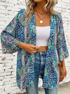 Printed Open Front Three-Quarter Sleeve Cover Up - 6i6