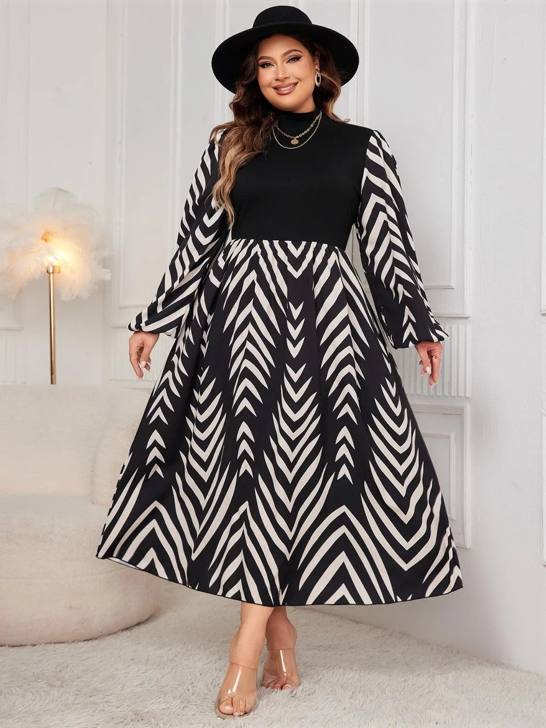 Plus Size Printed Mock Neck Long Sleeve Midi Dress - 6i6