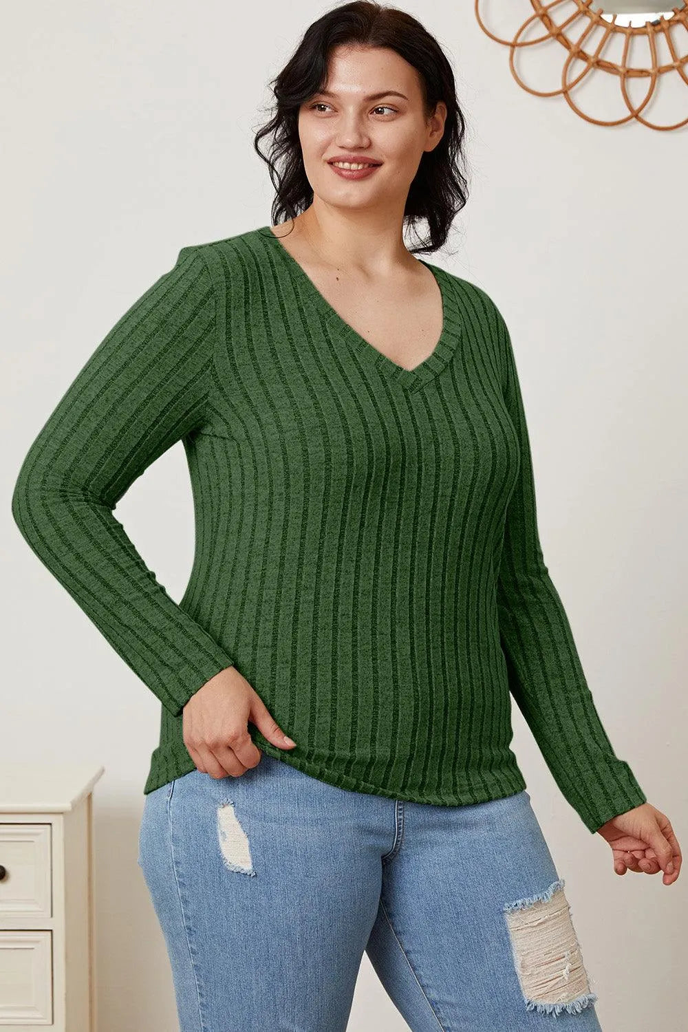 Basic Bae Full Size Ribbed V-Neck Long Sleeve T-Shirt - 6i6