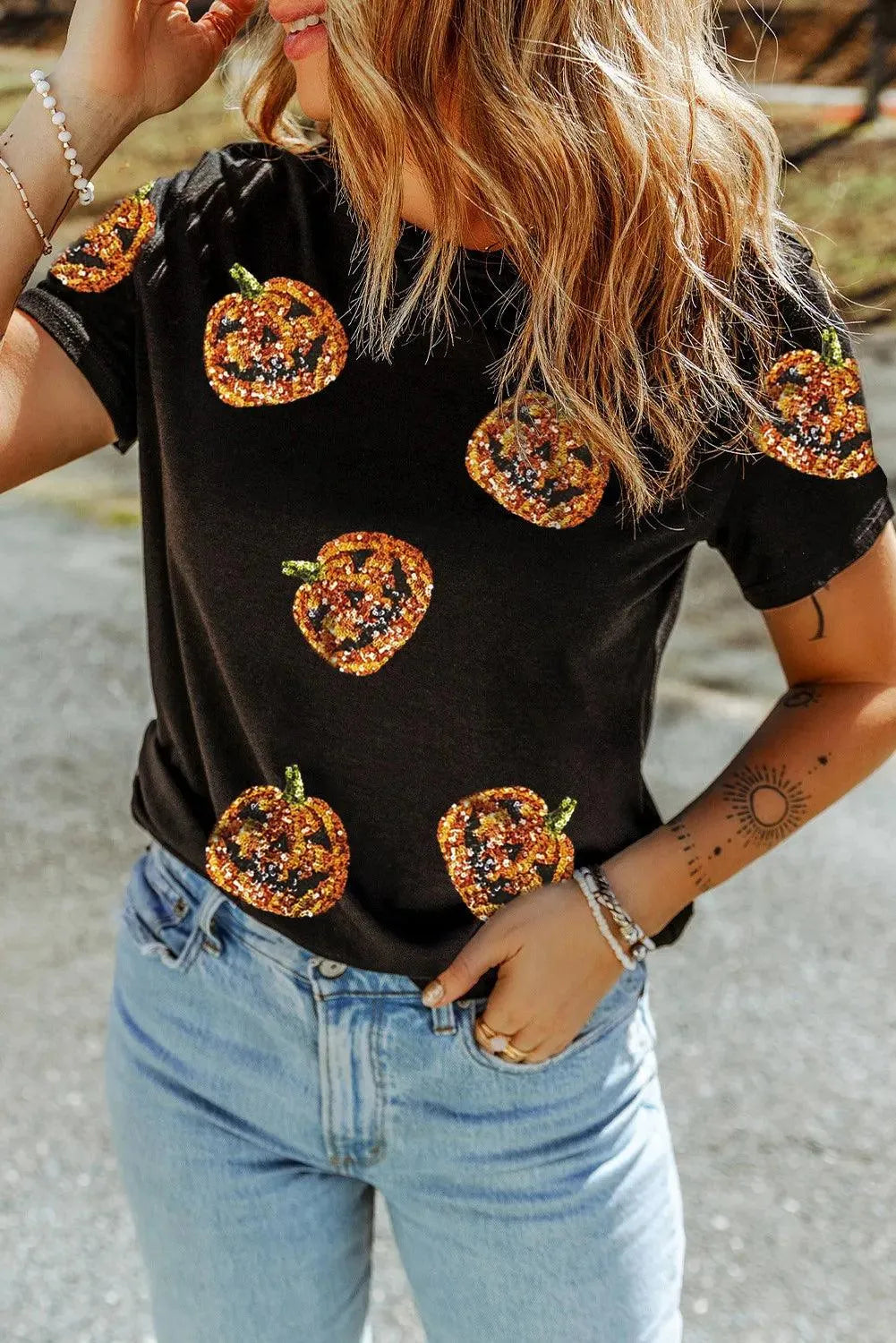 Sequin Pumpkin Round Neck Short Sleeve T-Shirt - 6i6