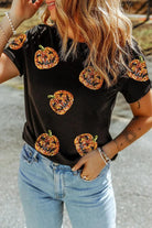 Sequin Pumpkin Round Neck Short Sleeve T-Shirt - 6i6