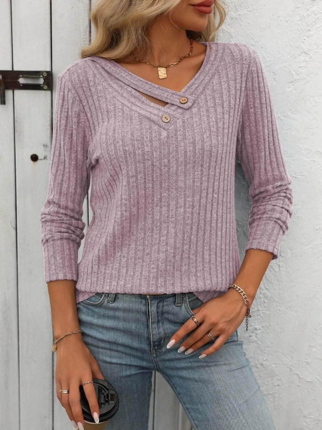 Ribbed V-Neck Long Sleeve T-Shirt - 6i6