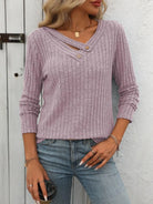 Ribbed V-Neck Long Sleeve T-Shirt - 6i6