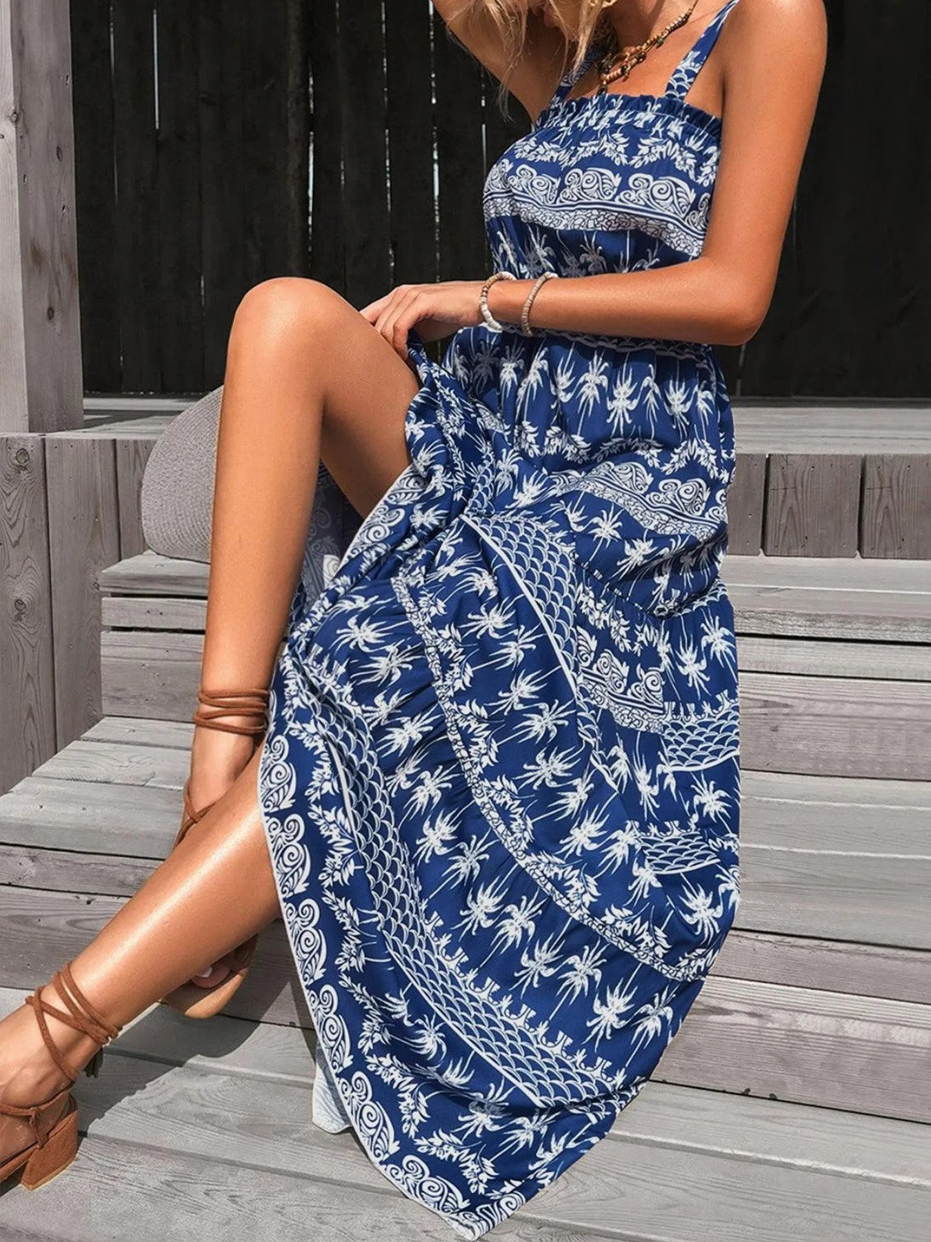 Printed Square Neck Sleeveless Maxi Dress - 6i6