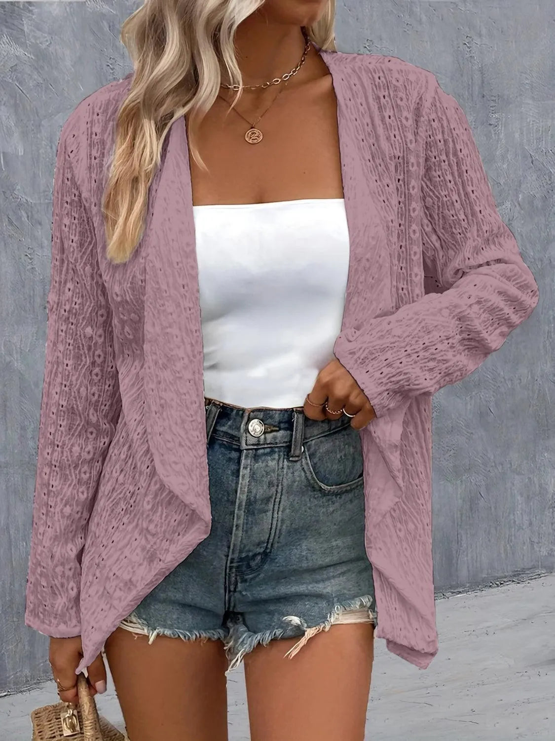 Eyelet Roll-Tab Sleeve Cardigan - 6i6