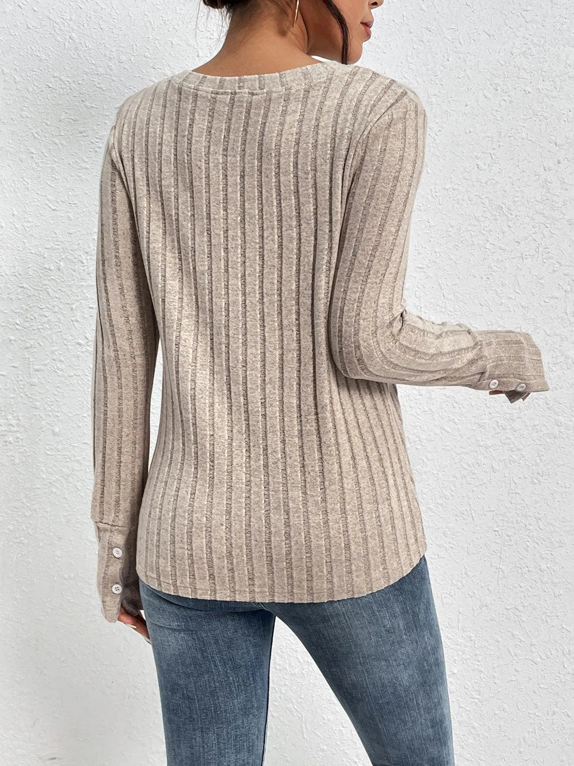 Lace Detail Ribbed V-Neck Long Sleeve Top - 6i6