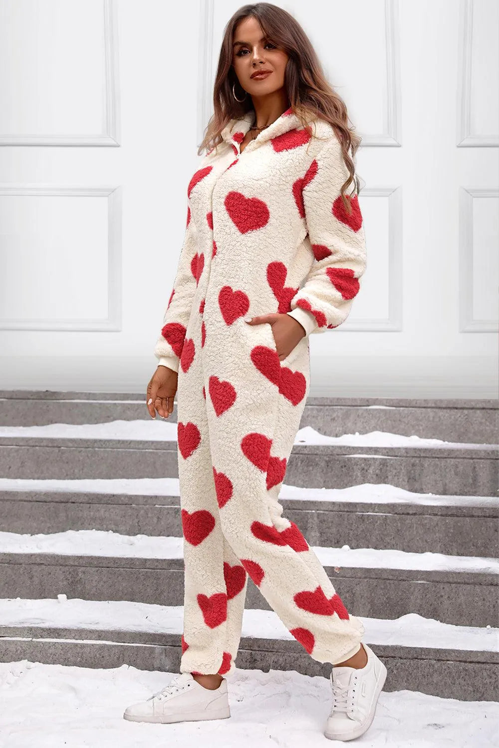 Fuzzy Heart Zip Up Hooded Lounge Jumpsuit - 6i6