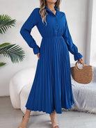 Pleated Half Button Long Sleeve Midi Dress - 6i6