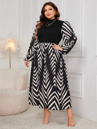 Plus Size Printed Mock Neck Long Sleeve Midi Dress - 6i6