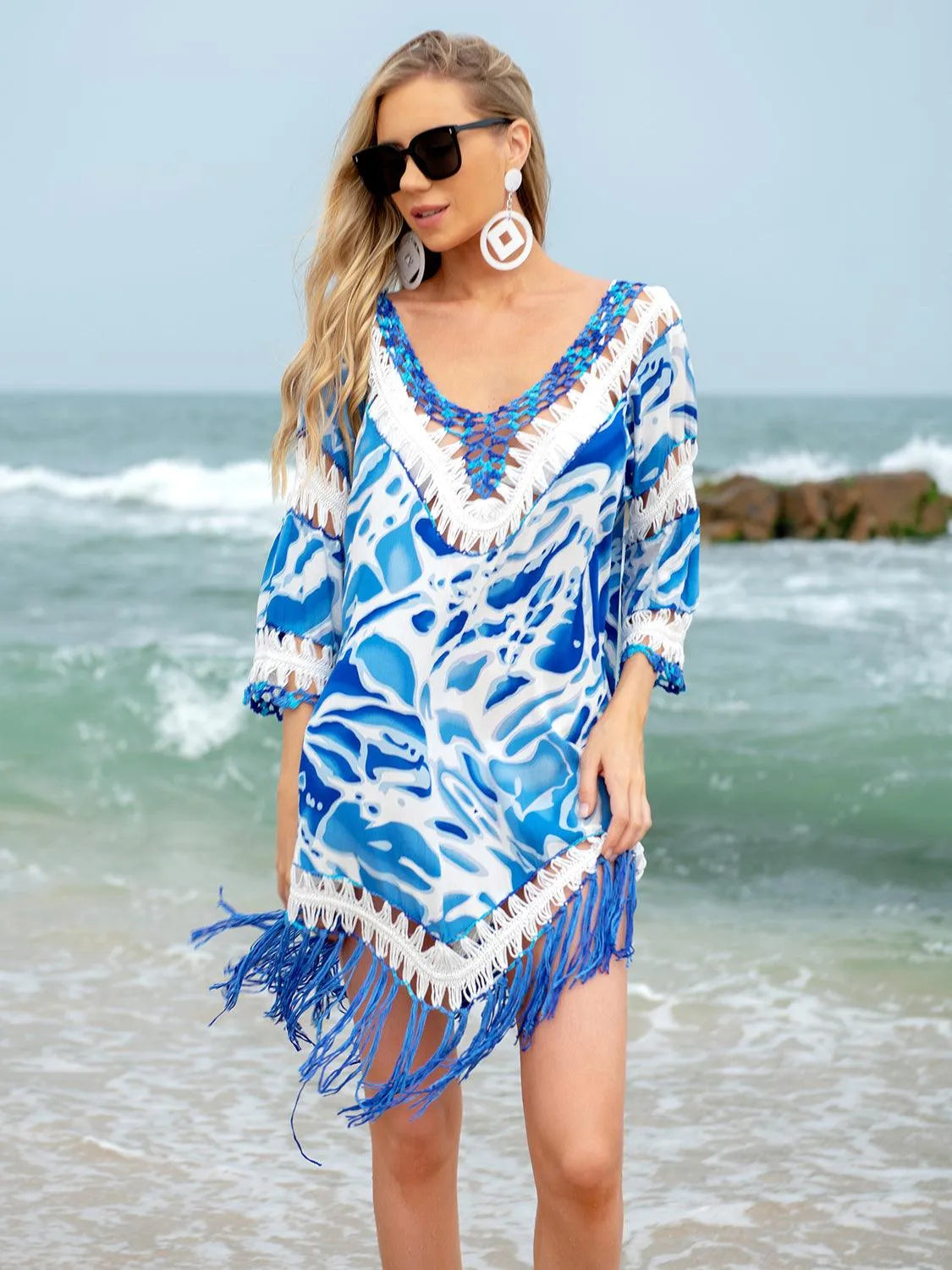 Cutout V-Neck Three-Quarter Sleeve Cover Up - 6i6