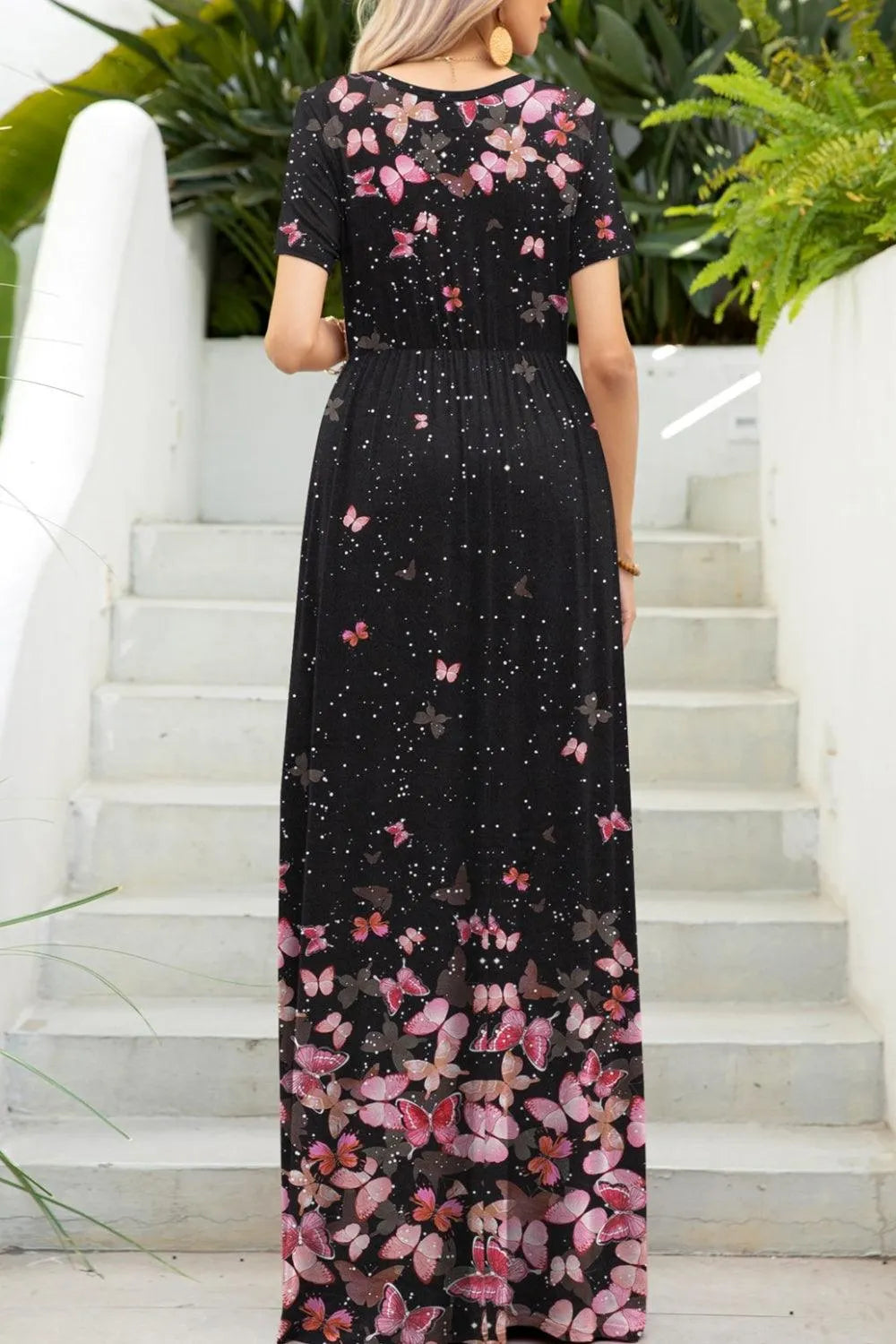 Printed Round Neck Short Sleeve Maxi Dress - 6i6