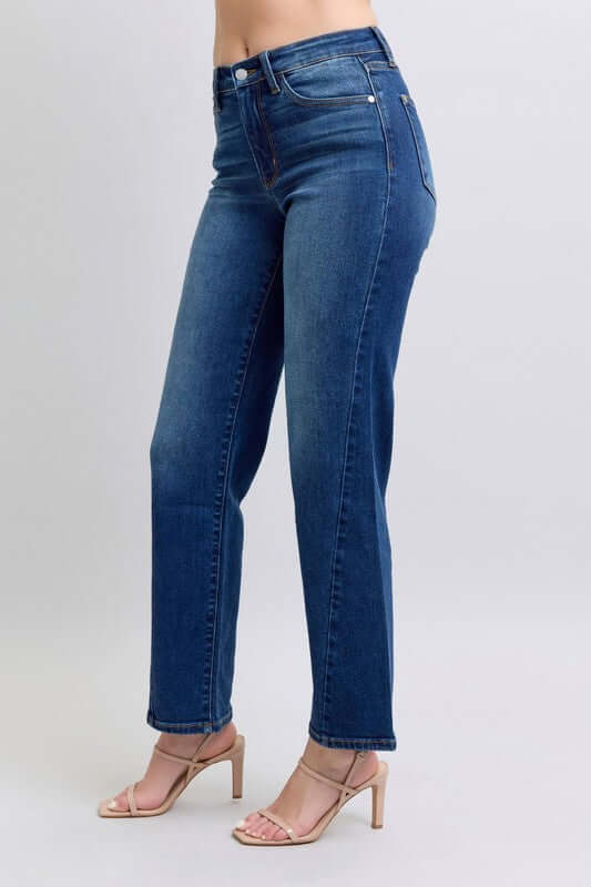 Judy Blue full-size straight jeans with side seam detailing and side pockets, offering a comfortable and stylish fit, available at 6i6.com