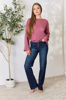 Culture Code Full Size Waffle-Knit Round Neck Long Sleeve Blouse - 6i6