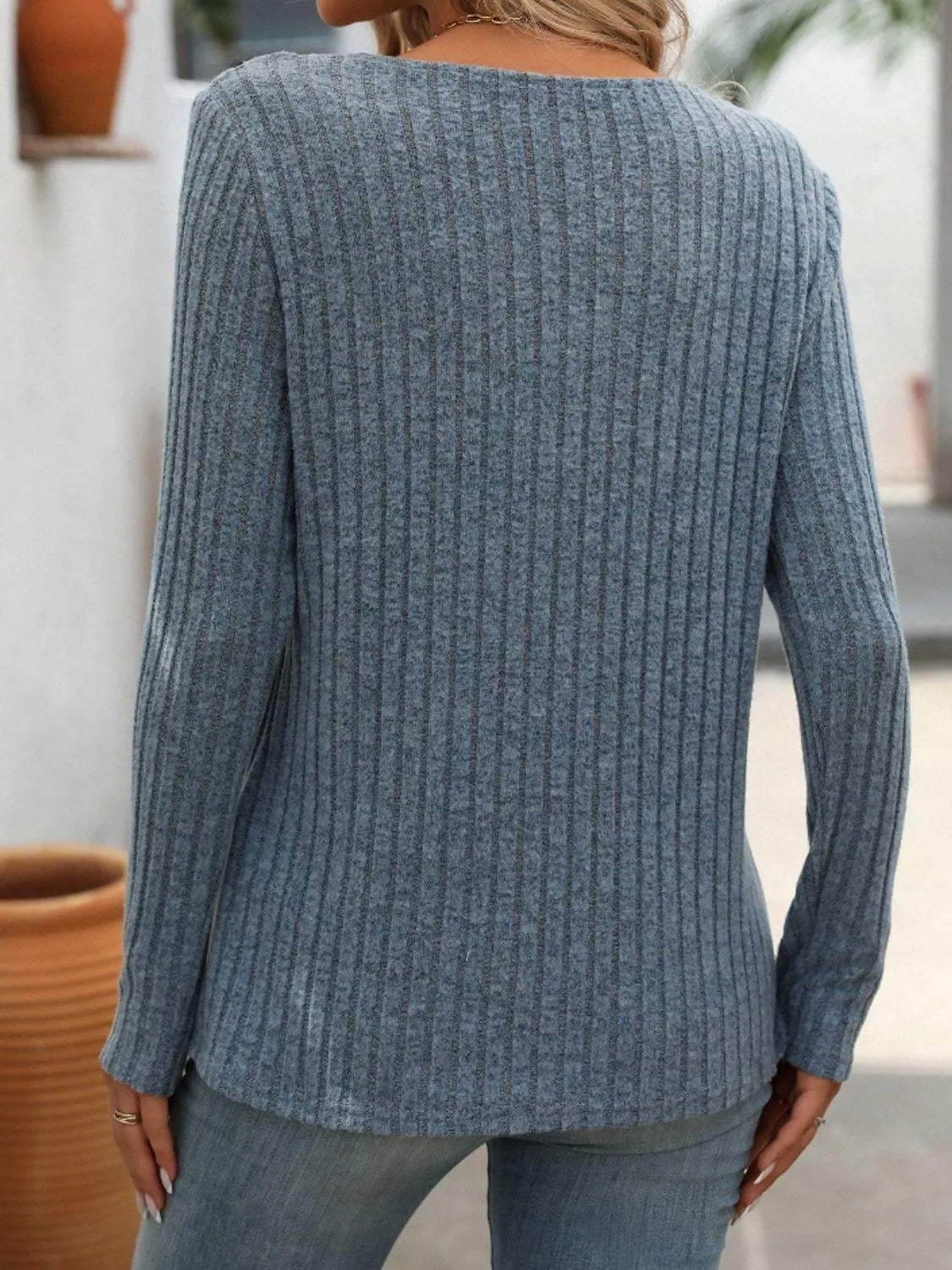 Ribbed V-Neck Long Sleeve T-Shirt - 6i6