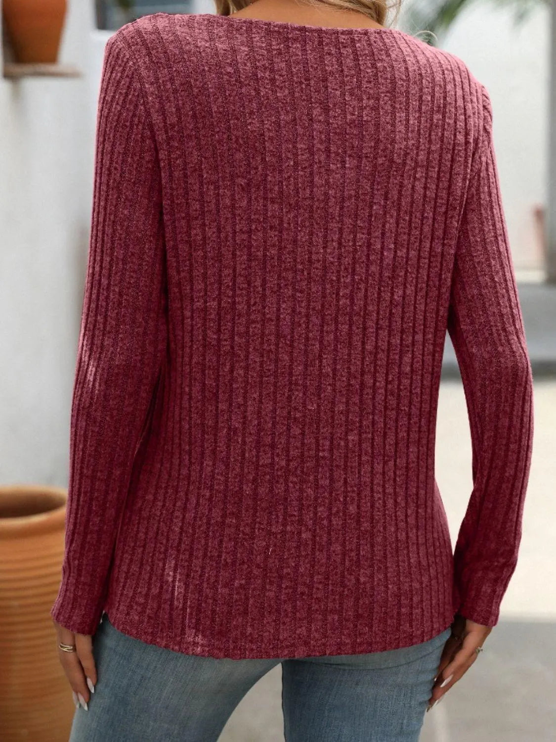 Ribbed V-Neck Long Sleeve T-Shirt - 6i6