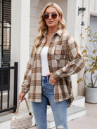 Pocketed Plaid Collared Neck Long Sleeve Shirt - 6i6