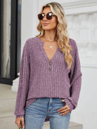 Ribbed Notched Long Sleeve T-Shirt - 6i6