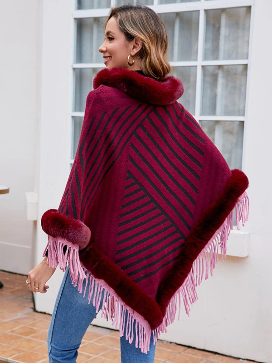 Striped Fringe Hem Poncho - 6i6