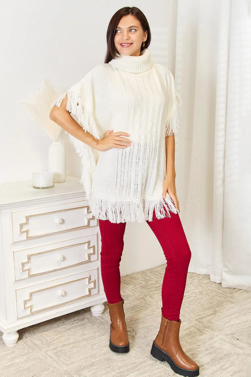 Justin Taylor Turtle Neck Fringe Poncho - 6i6