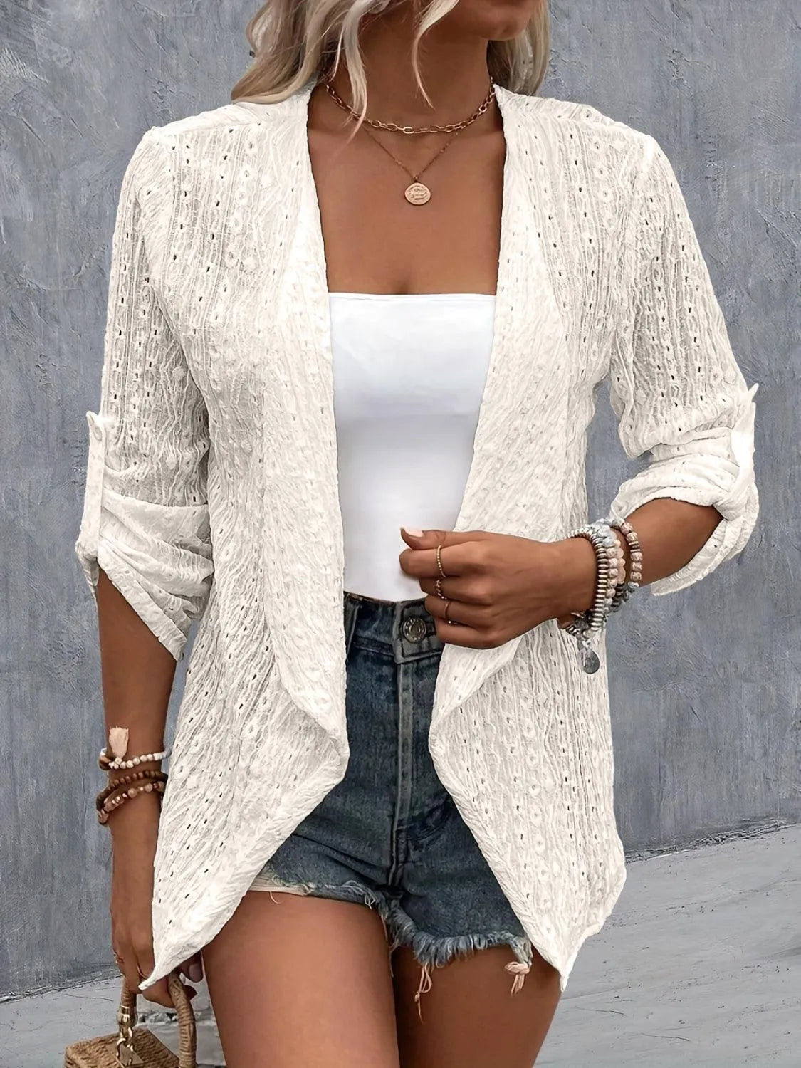 Eyelet Roll-Tab Sleeve Cardigan - 6i6