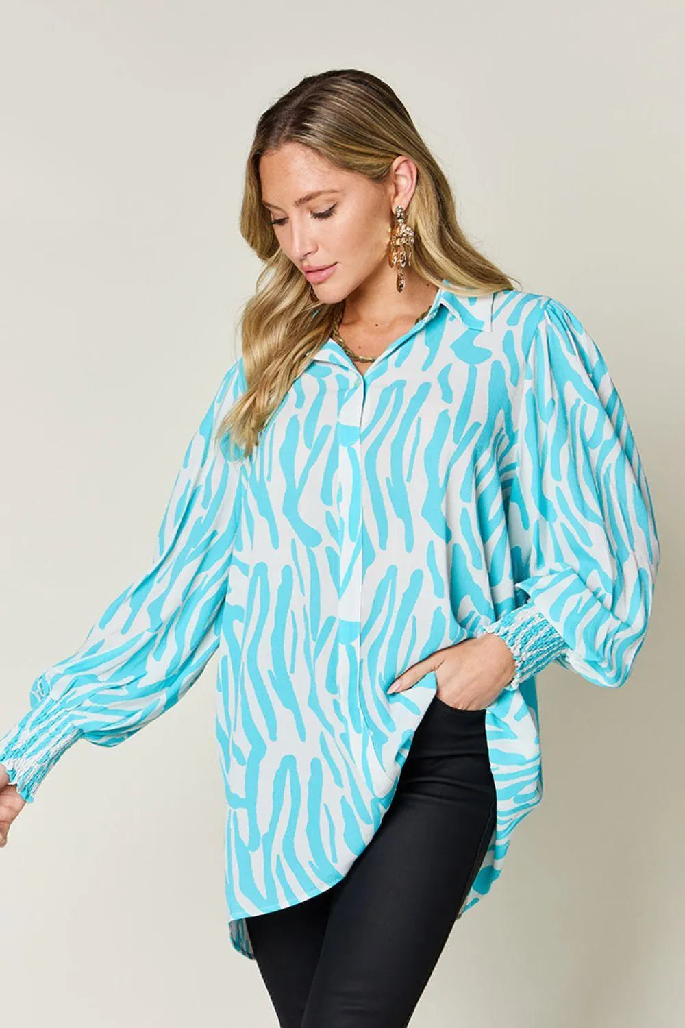 Double Take Full Size Printed Smocked Long Sleeve Blouse - 6i6