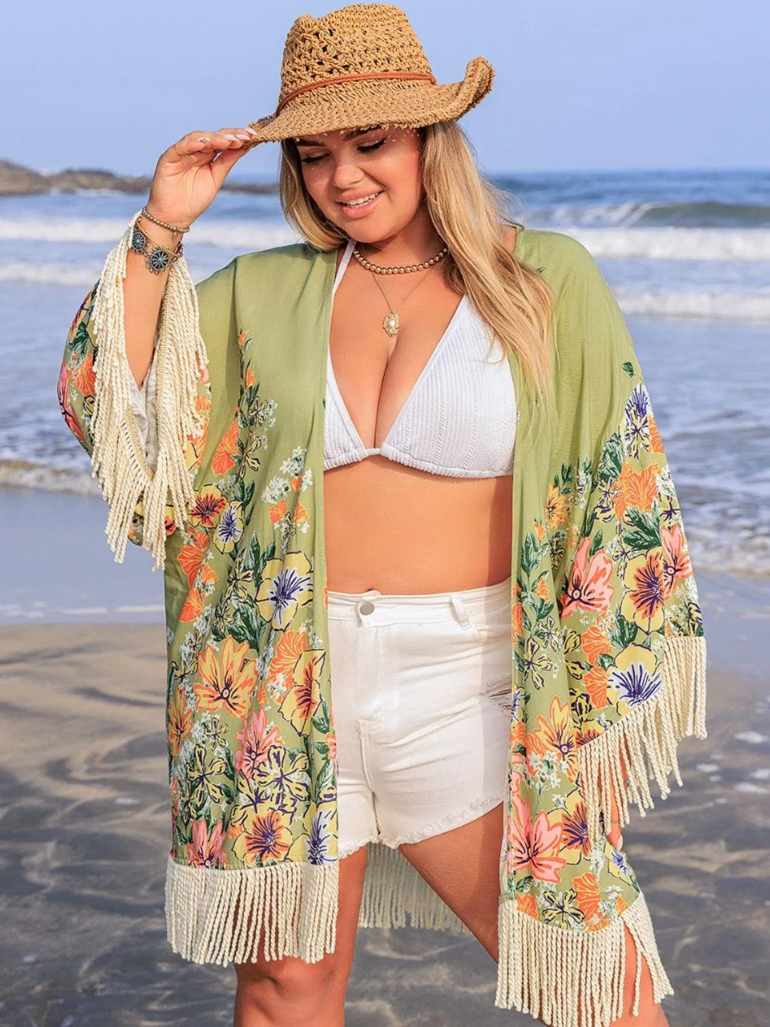 Plus Size Fringe Open Front Cover-Up - 6i6