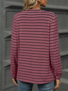 Striped Notched Long Sleeve T-Shirt - 6i6