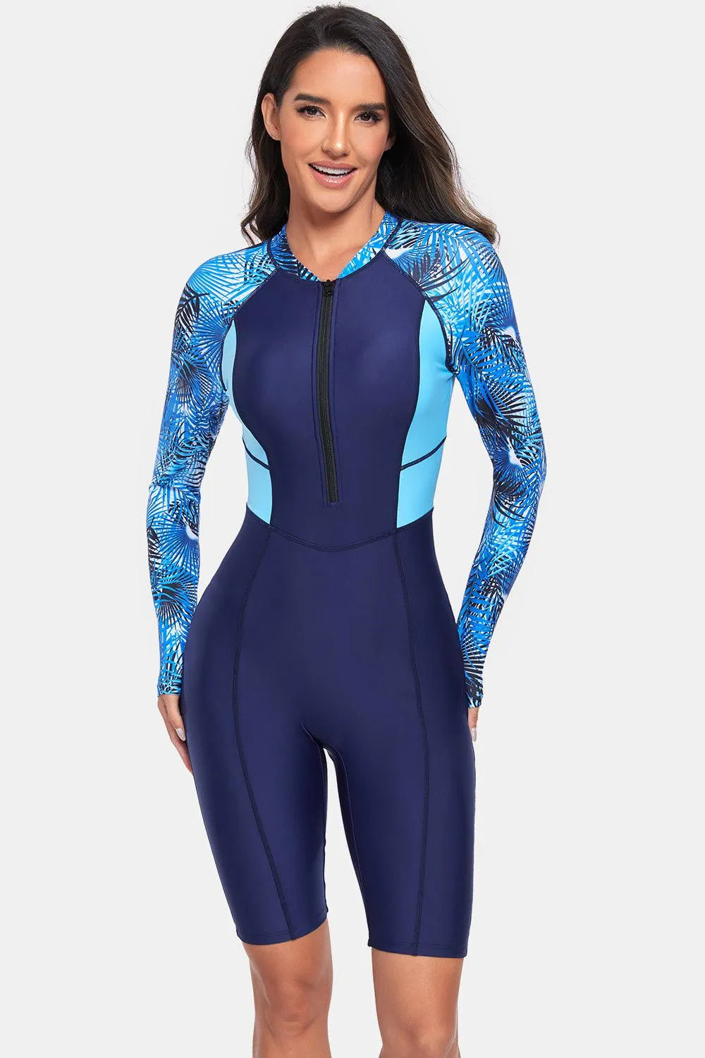 Printed Half Zip Long Sleeve One-Piece Swimwear - 6i6