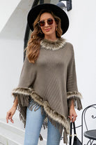 Faux Fur Trim Fringed Poncho - 6i6