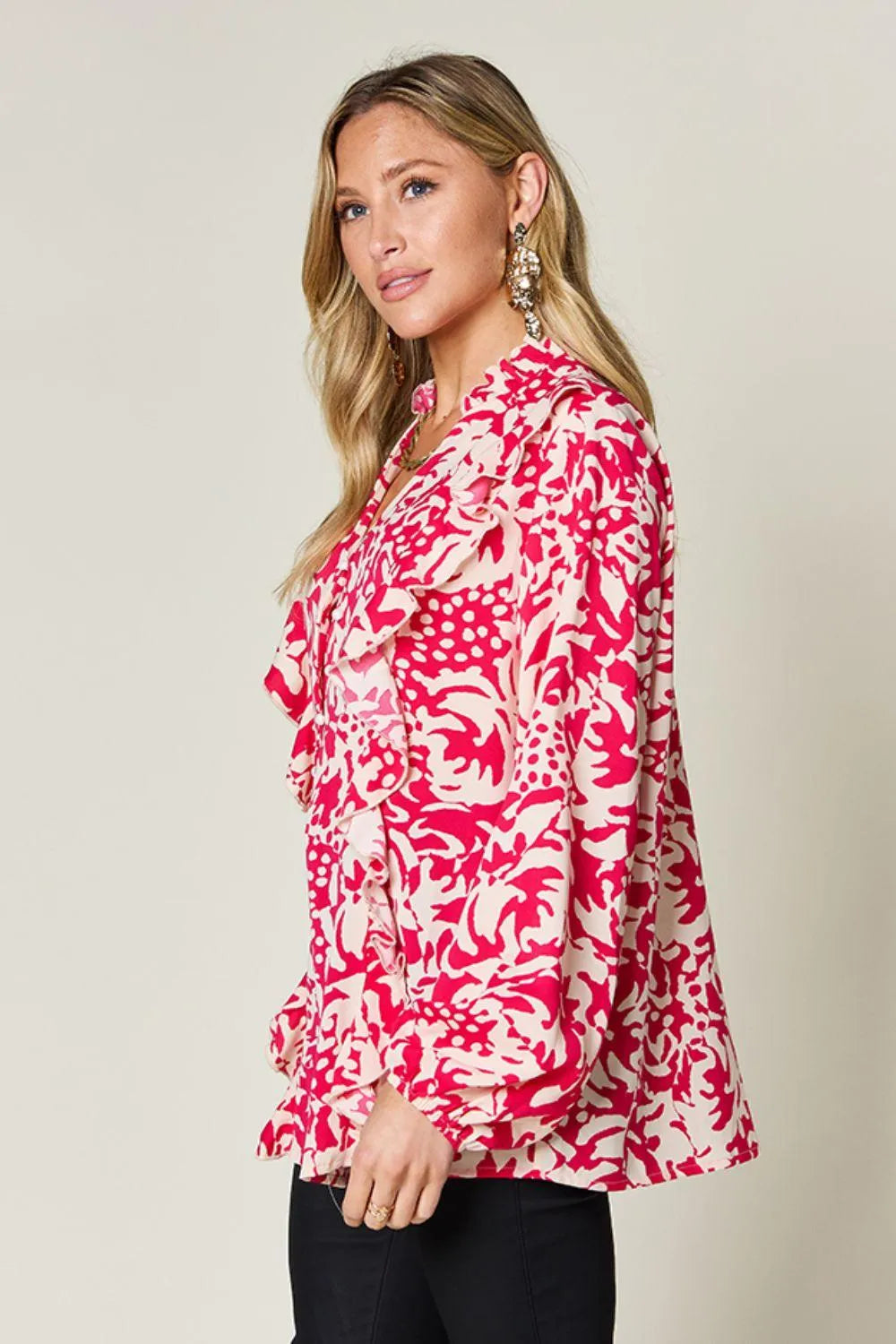 Double Take Full Size Printed Ruffle Trim Balloon Sleeve Shirt - 6i6