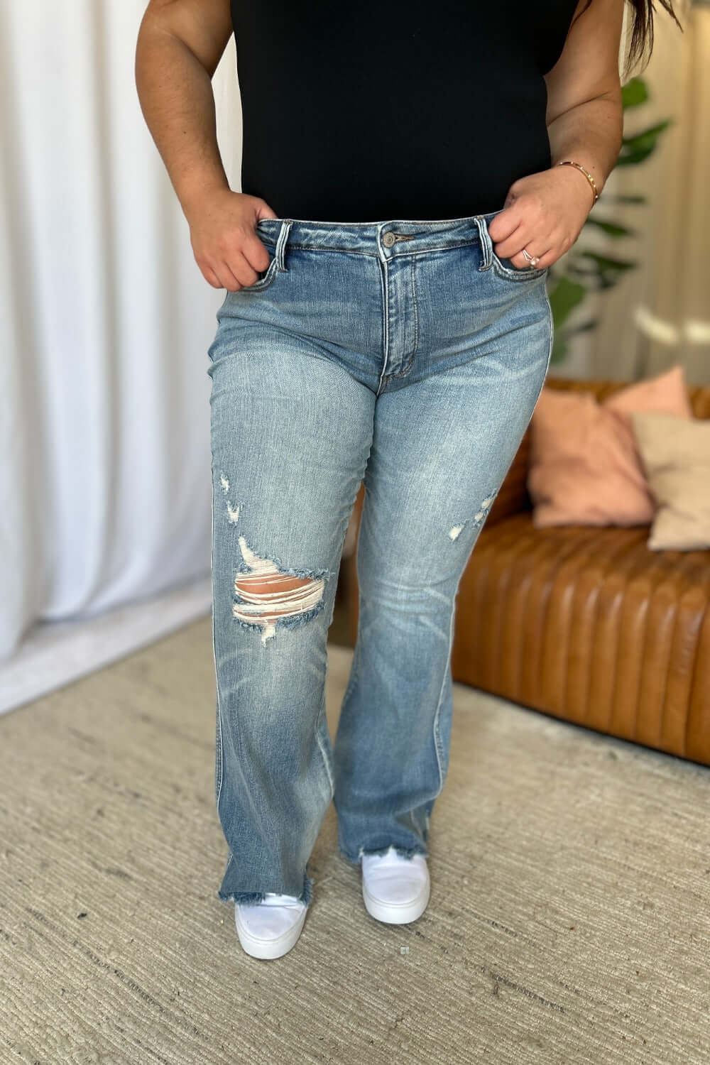 Judy Blue full-size medium rise tummy control destroy flare jeans with a flattering fit and distressed details, available at 6i6.com