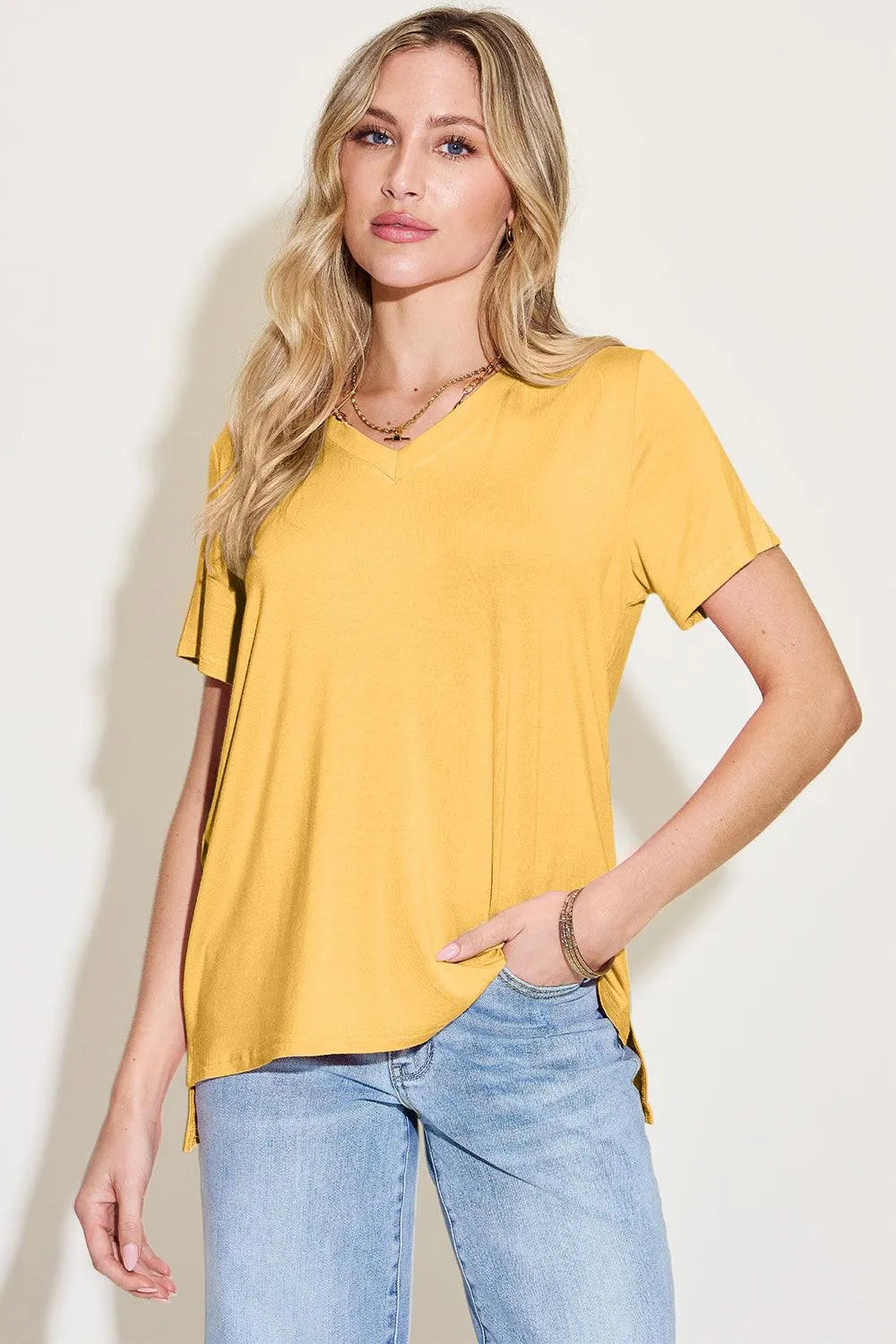 Basic Bae Bamboo Full Size V-Neck High-Low T-Shirt - 6i6