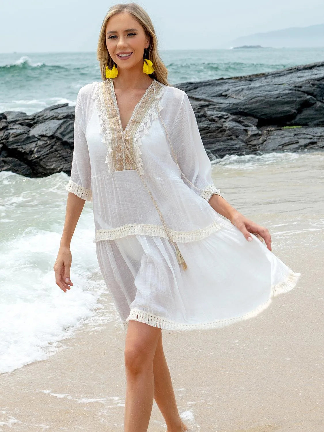 Tassel Lace Detail Half Sleeve Cover-Up Dress - 6i6